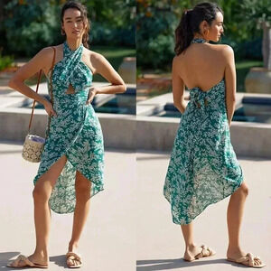 Anthropologie Printed Halter Dress in Green Size XS NWOT $98